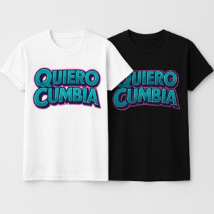 Remeras oficiales de Quiero Cumbia en color blanco y negro con el logo de la banda.