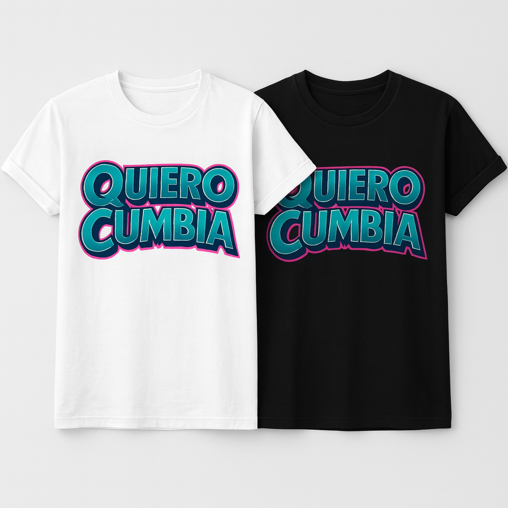 Remeras oficiales de Quiero Cumbia en color blanco y negro con el logo de la banda.