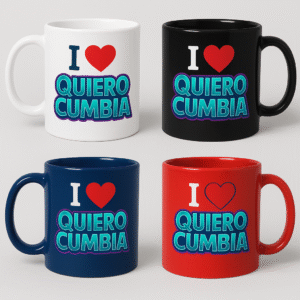 Tazas I ❤️ Quiero Cumbia en colores blanco, negro, azul y rojo con el logo oficial de la banda.