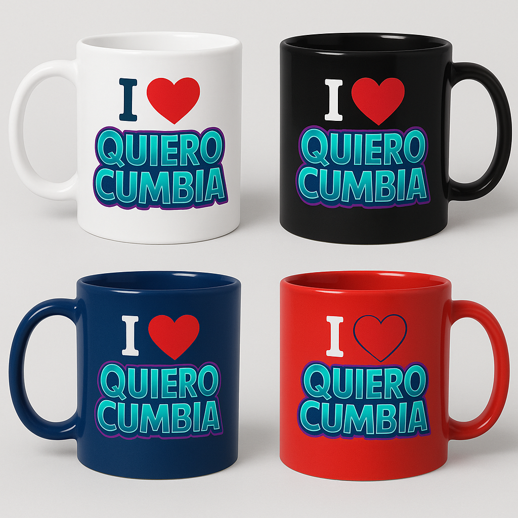 Tazas I ❤️ Quiero Cumbia en colores blanco, negro, azul y rojo con el logo oficial de la banda.