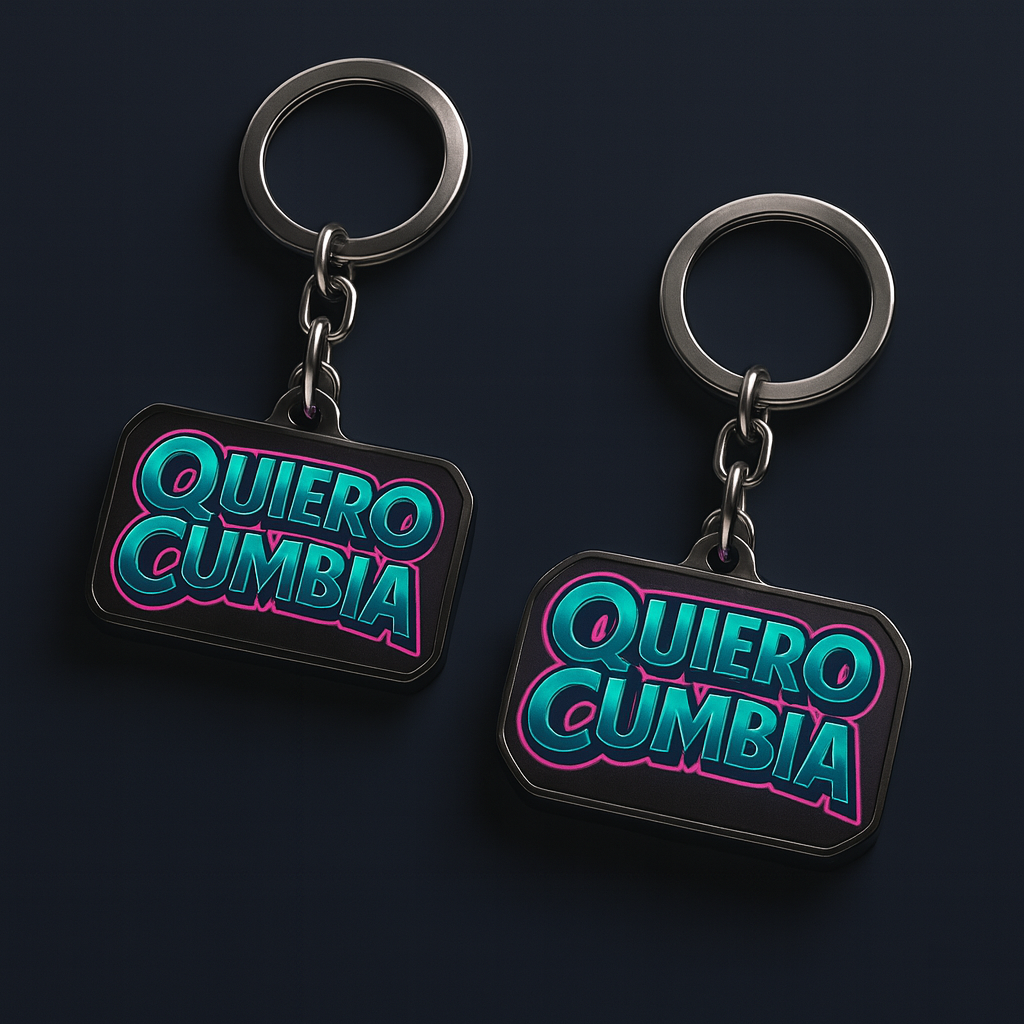 Llavero Quiero Cumbia con el logo oficial en colores neón.