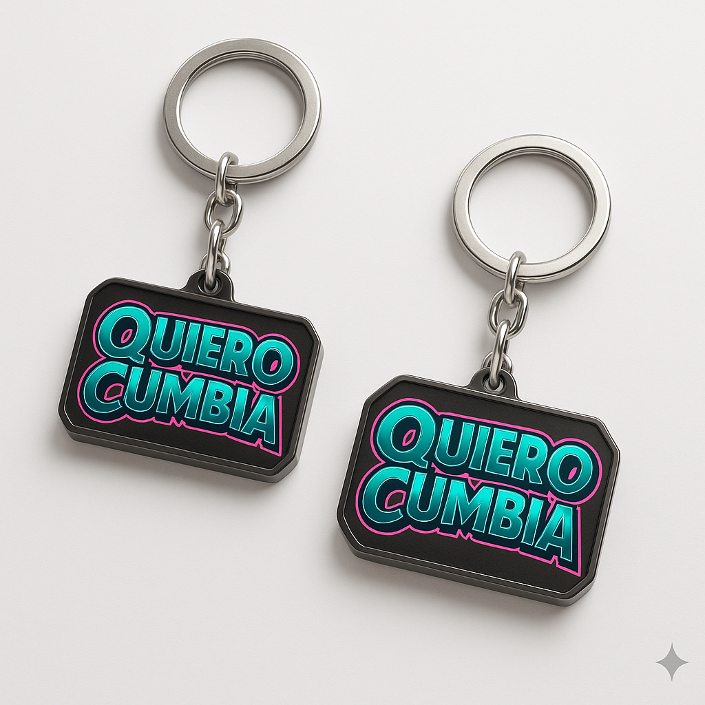 Llavero de Quiero Cumbia con el logo oficial en colores neón.